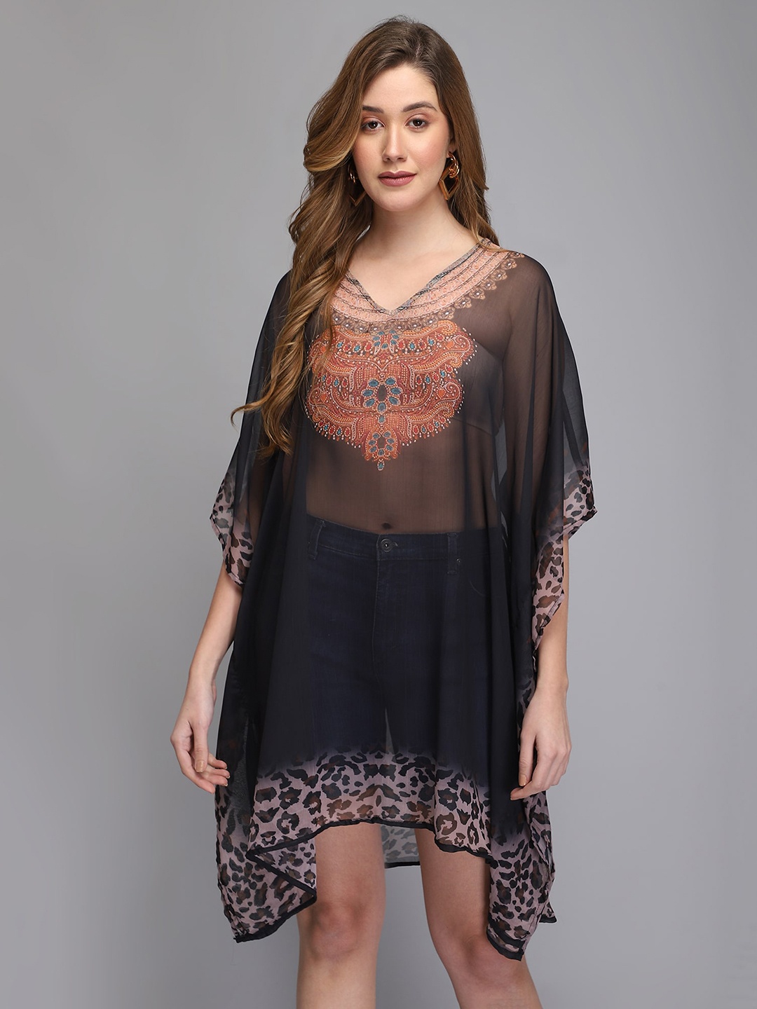 

Aditi Wasan Ethnic Motifs Batwing Sleeve Chiffon Kaftan Dress, Black