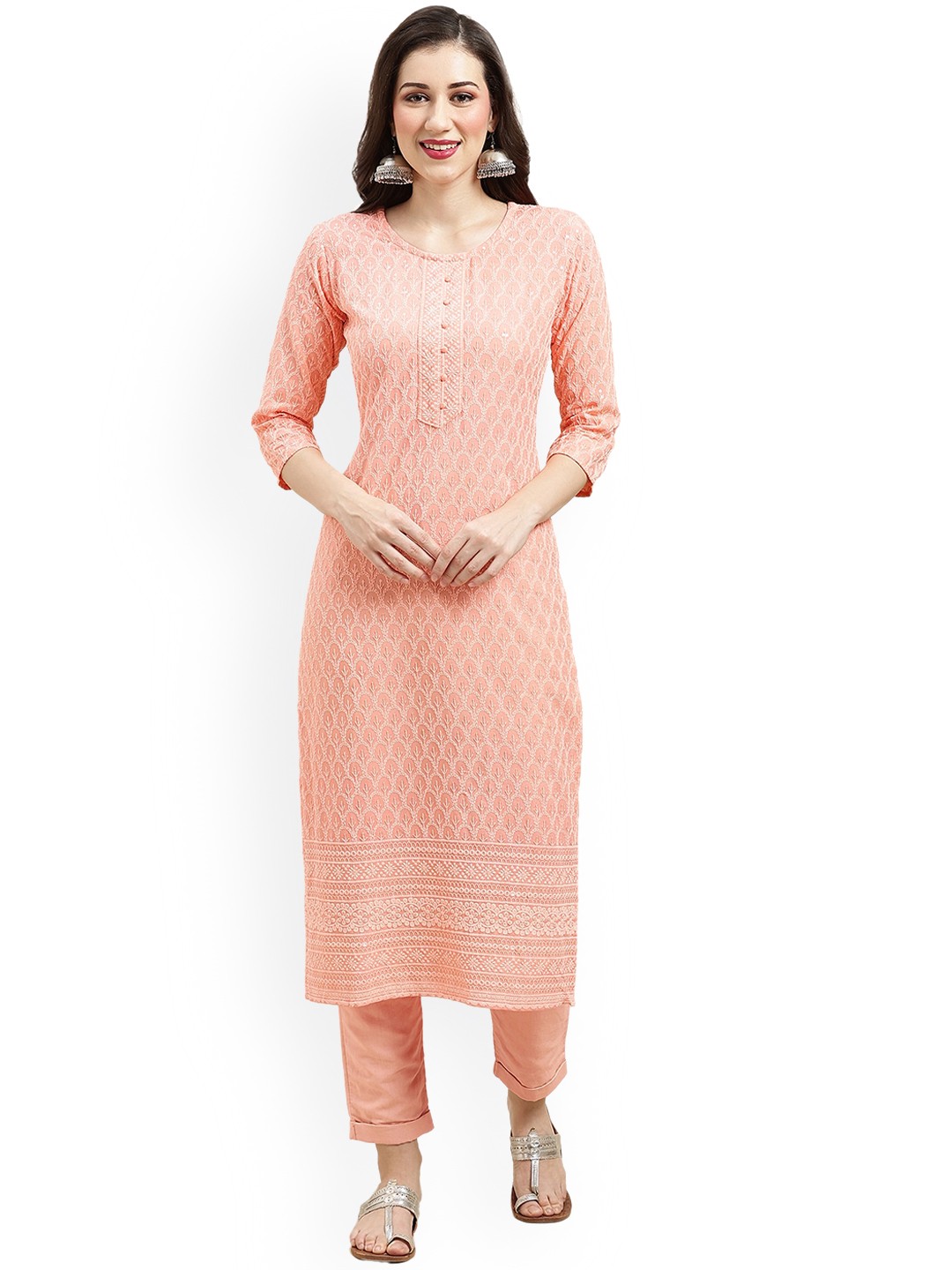 

Nimayaa Floral Embroidered Chikankari Straight Kurta, Peach