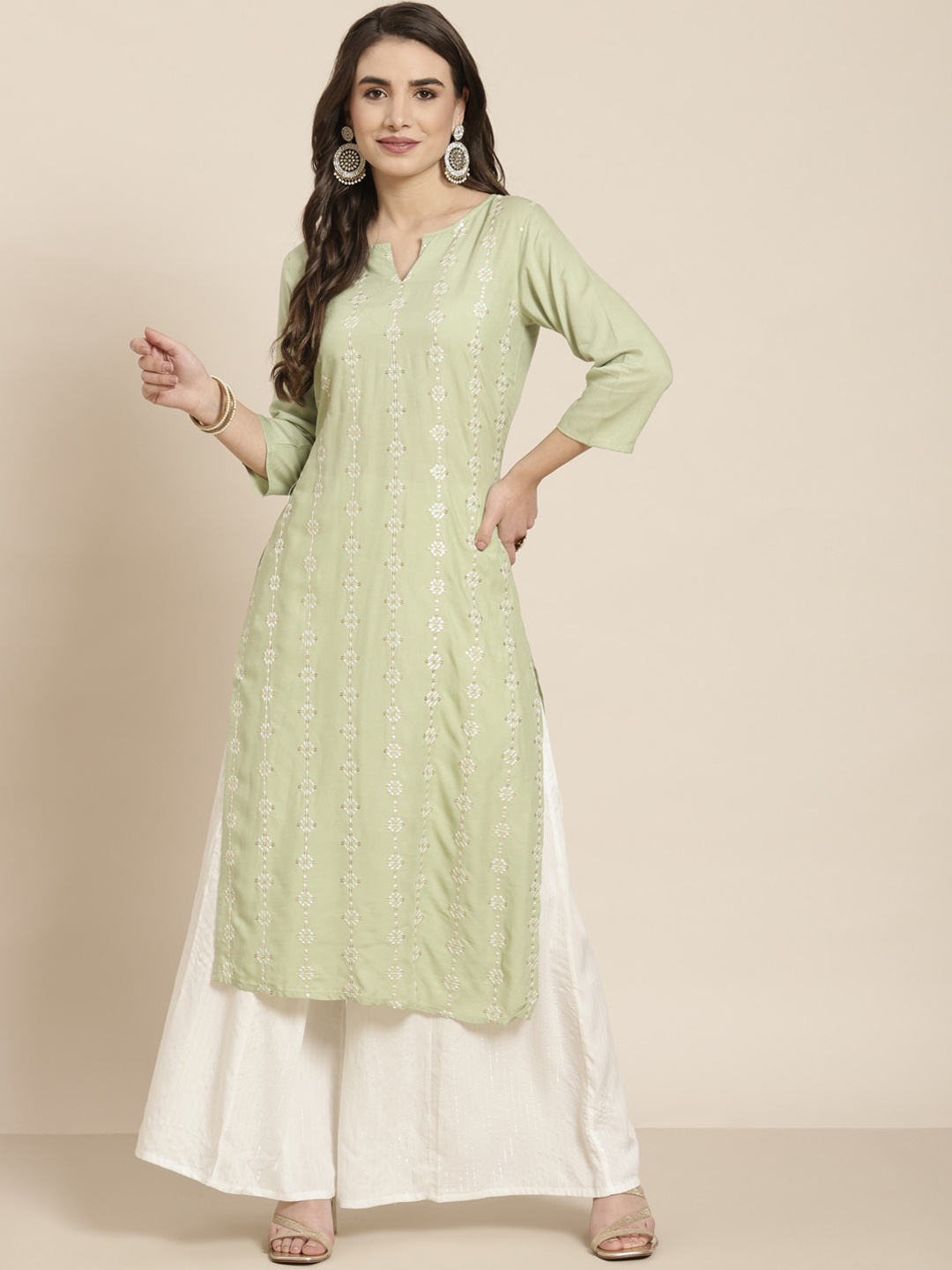 

Juniper Green Ethnic Motifs Embroidered Notched Neck Sequined Kurta