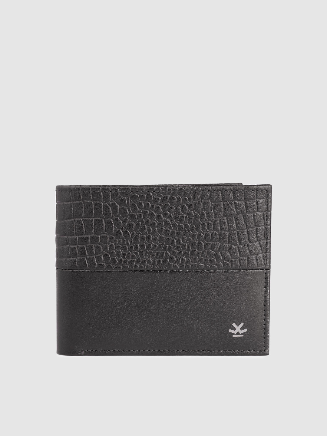 

WROGN Men Crocodile Textured & Solid Leather Two Fold Wallet, Black