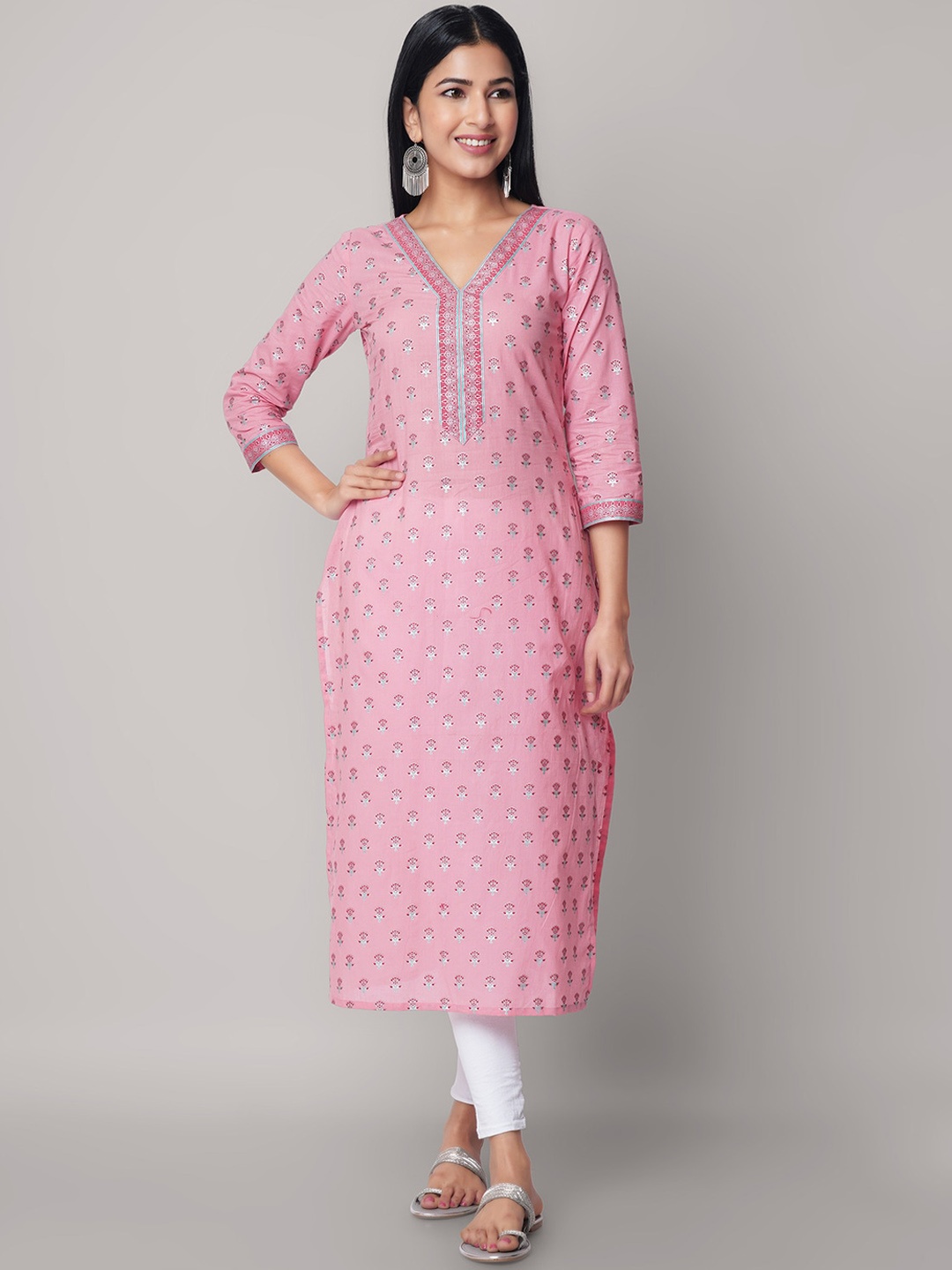 God Bless Floral Printed Cotton Kurta, Pink