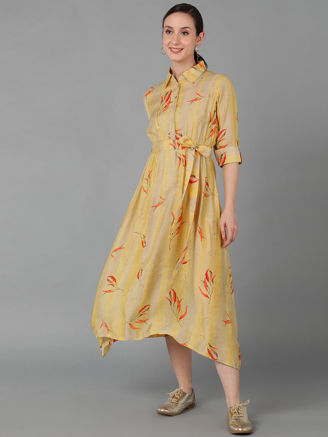 

AHIKA Shirt Collar Floral Print A-Line Maxi Dress, Yellow