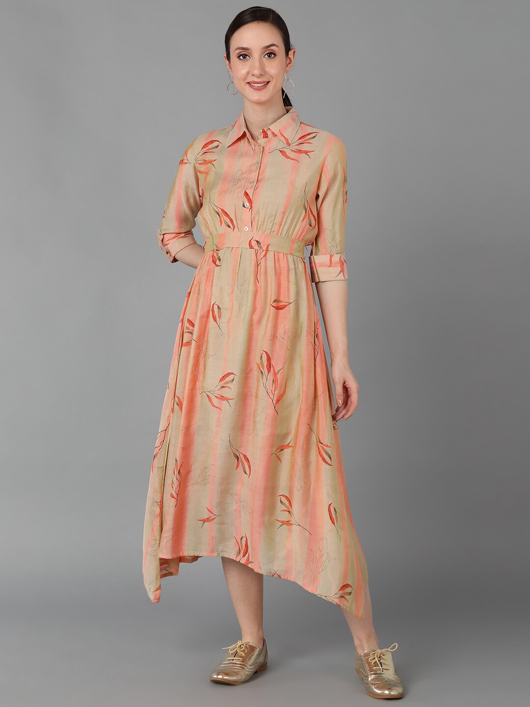 

AHIKA Shirt Collar Print Shirt Midi Dress, Peach