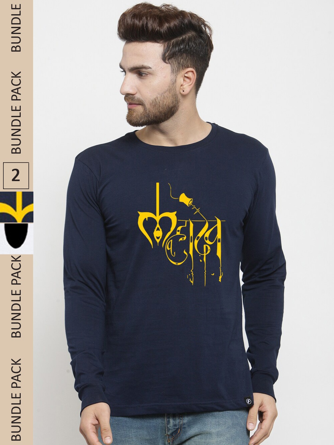 Friskers Pack Of 2 Printed Slim Fit Cotton T-shirt, Navy blue