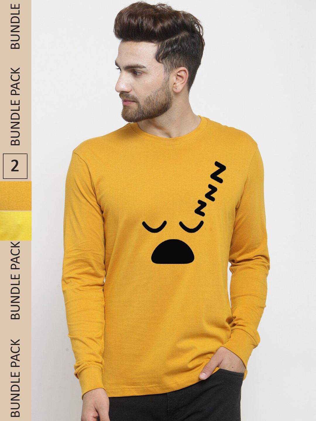 

Friskers Pack Of 2 Printed Slim Fit Cotton T-shirt, Mustard
