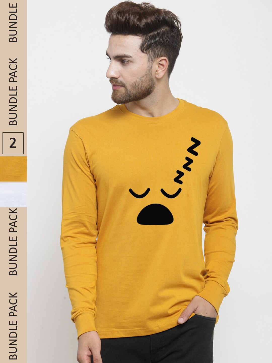 Friskers Pack Of 2 Graphic Printed Long Sleeve Pure Cotton Slim Fit T-shirt, Mustard