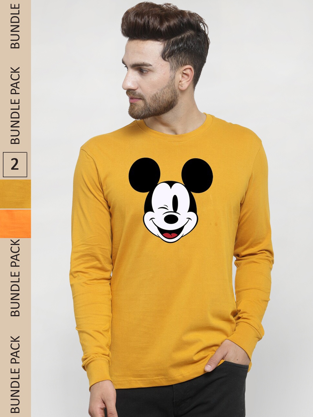 

Friskers Men Gold-Toned 2 Printed Applique Slim Fit T-shirt, Mustard