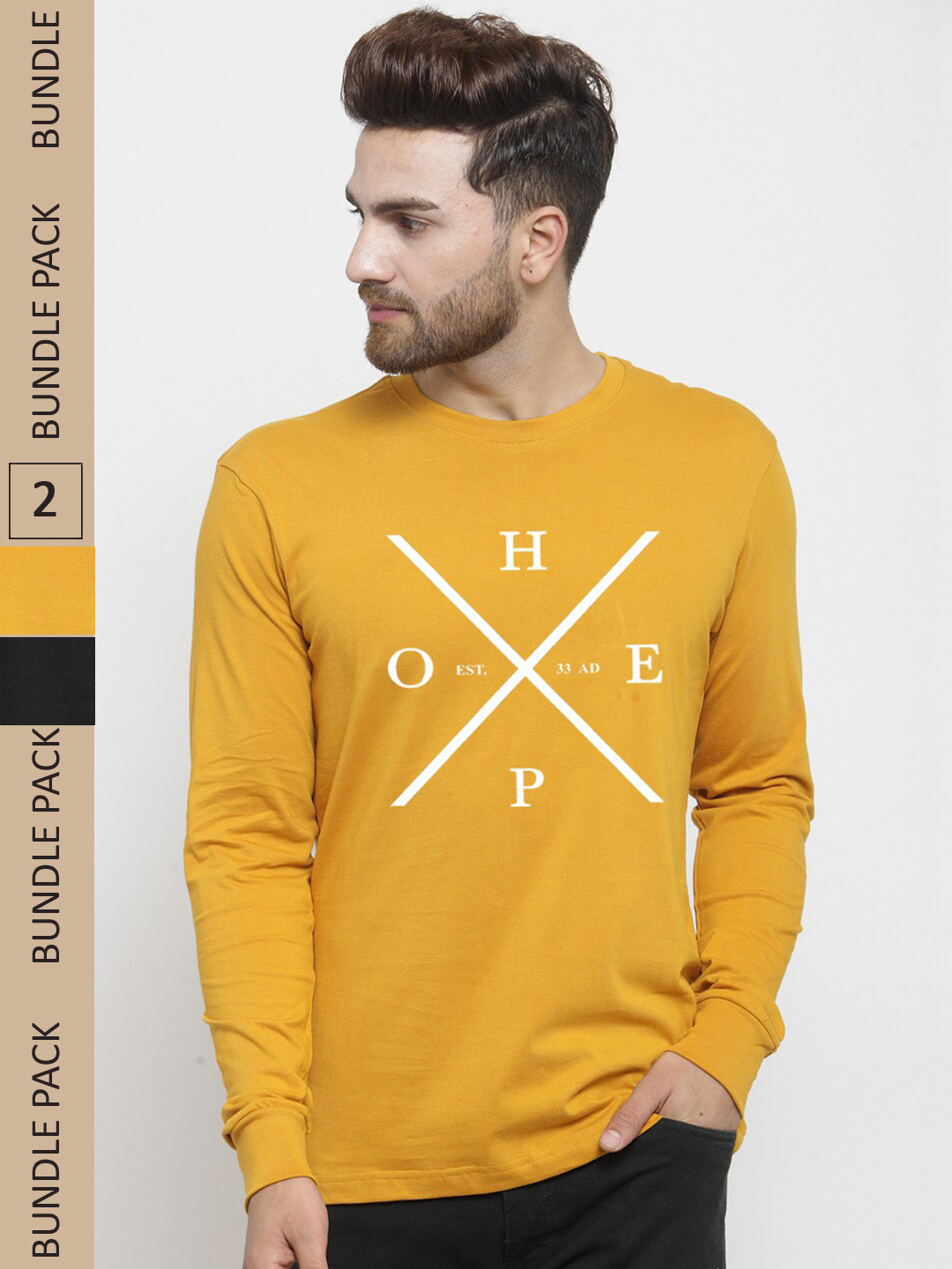 

Friskers Pack Of 2 Printed Slim Fit Cotton T-shirt, Mustard
