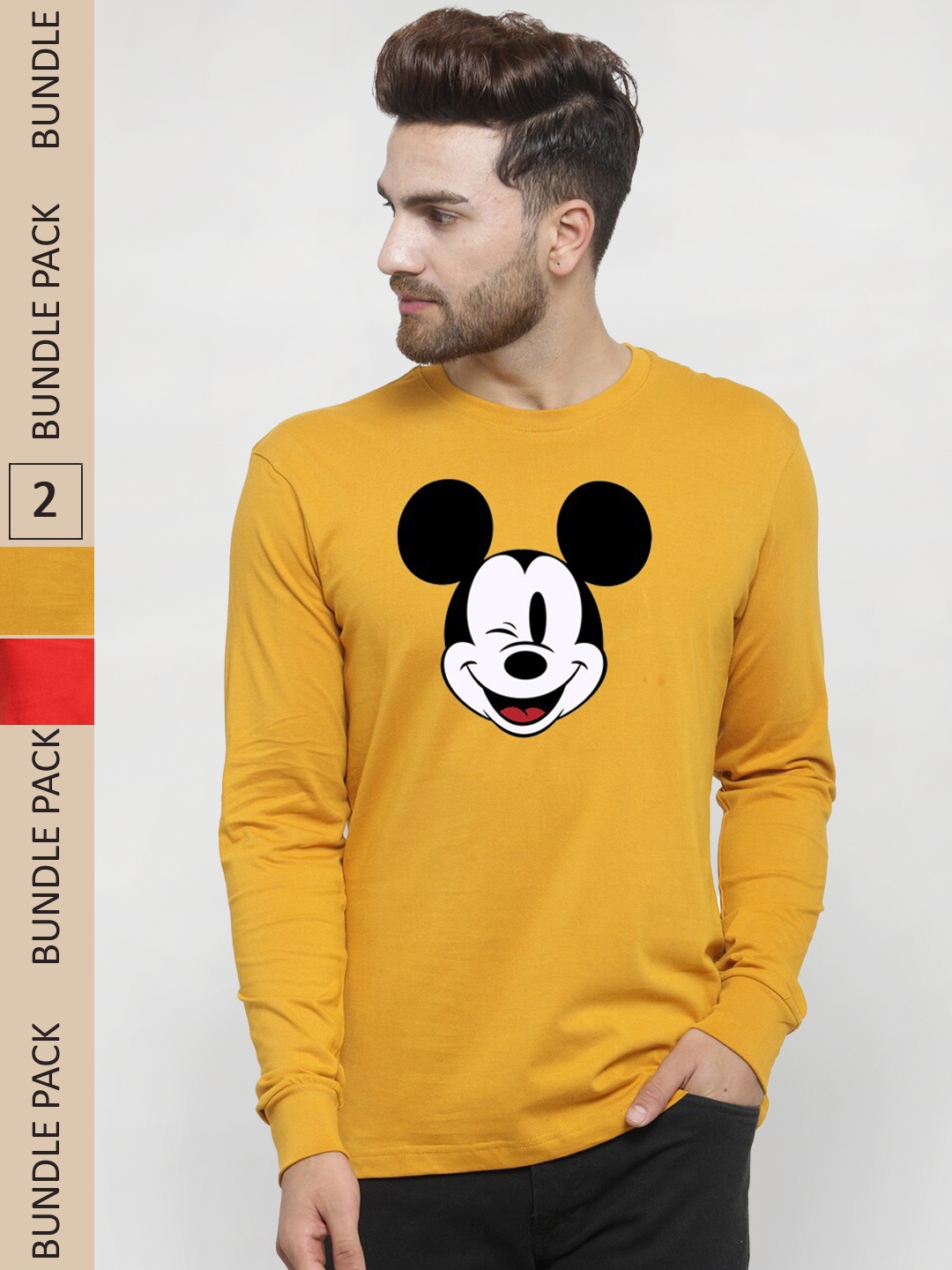 

Friskers Pack Of 2 Printed Slim Fit Cotton T-shirt, Mustard