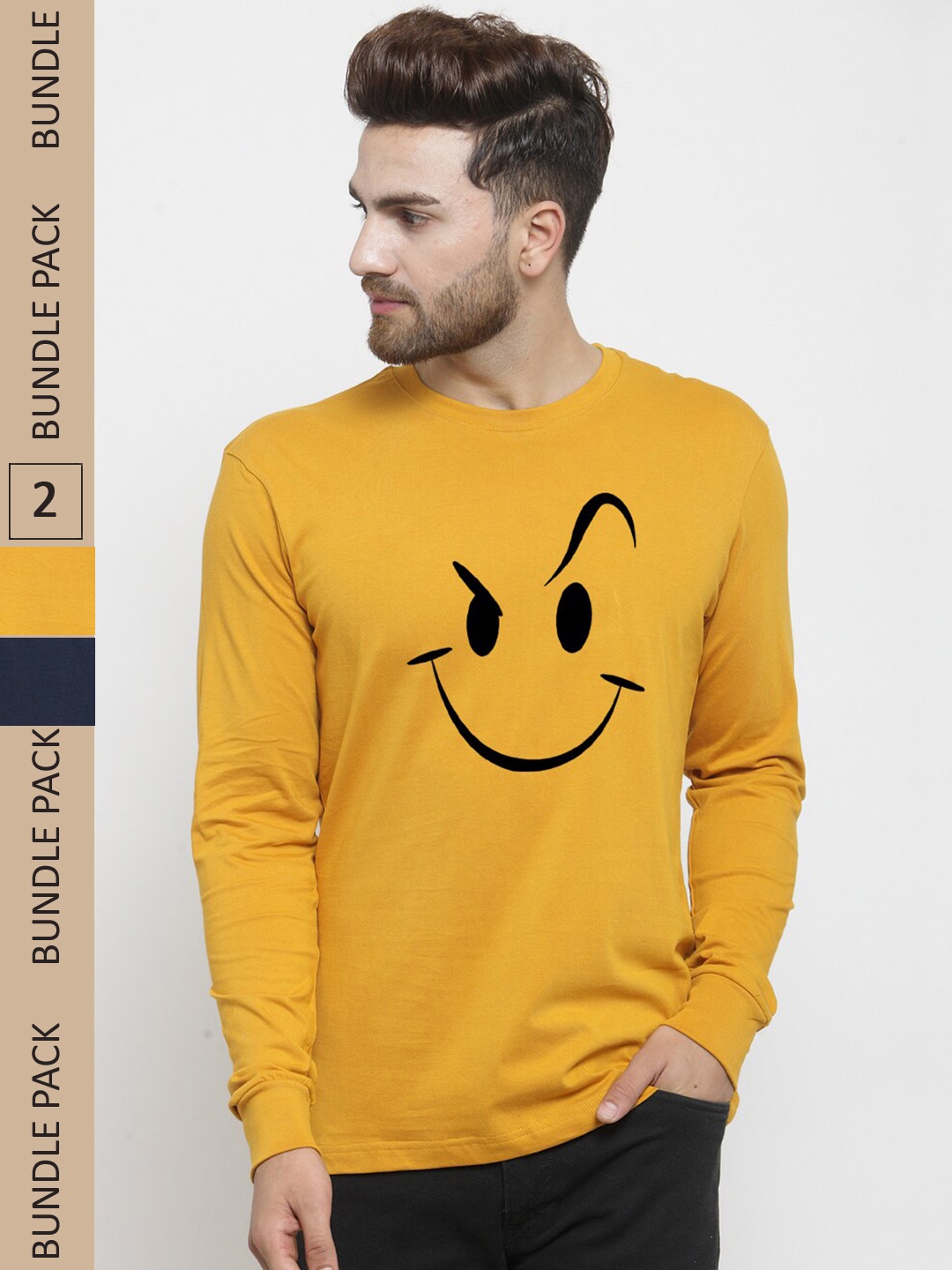 

Friskers Pack Of 2 Printed Slim Fit Cotton T-shirt, Mustard