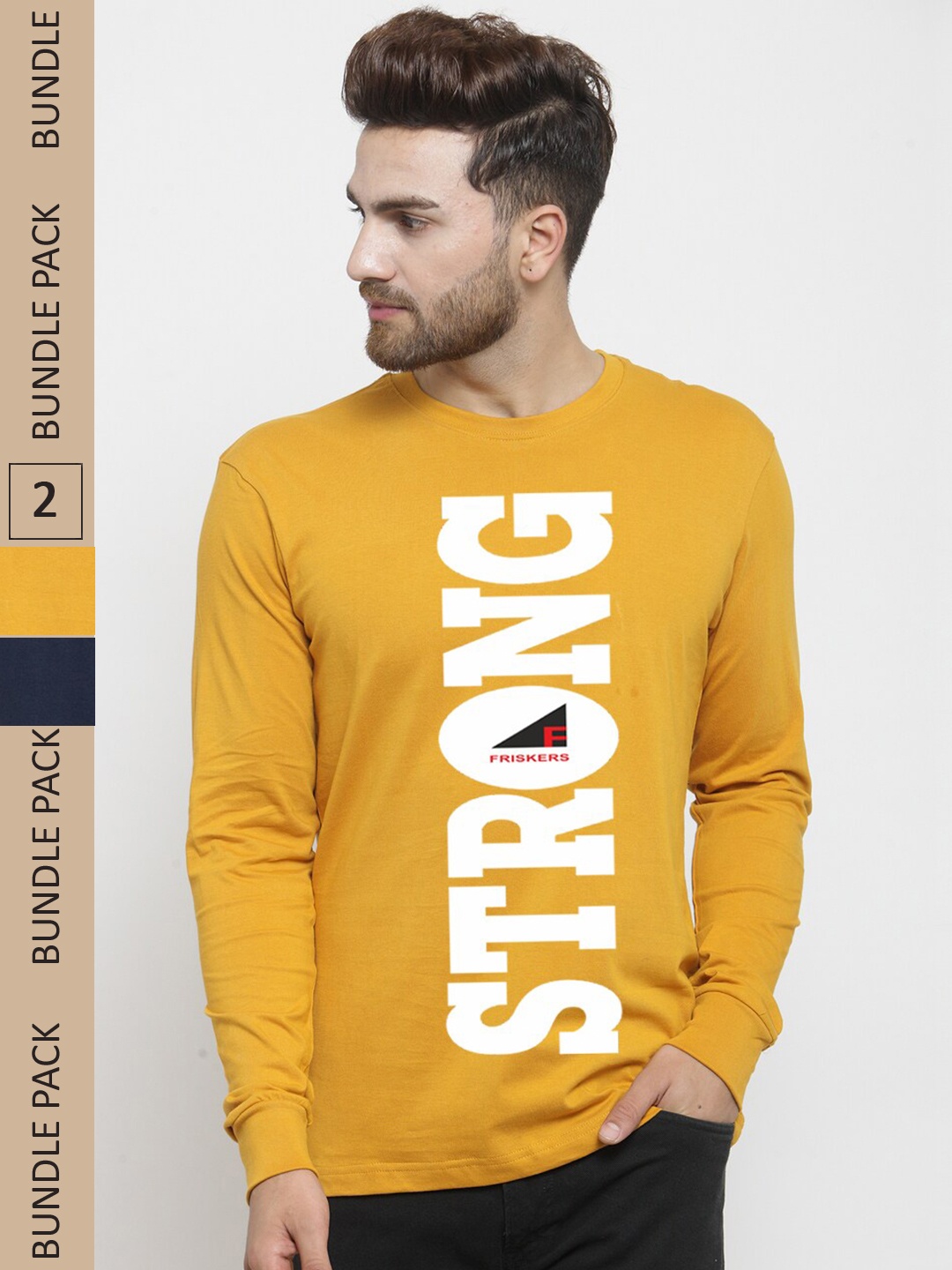 

Friskers Pack Of 2 Printed Slim Fit Cotton T-shirt, Mustard