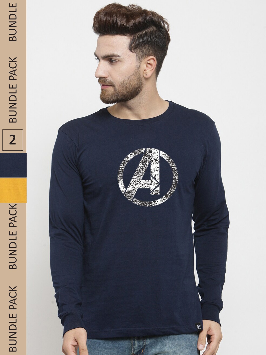 

Friskers Pack Of 2 Printed Slim Fit Cotton T-shirt, Navy blue
