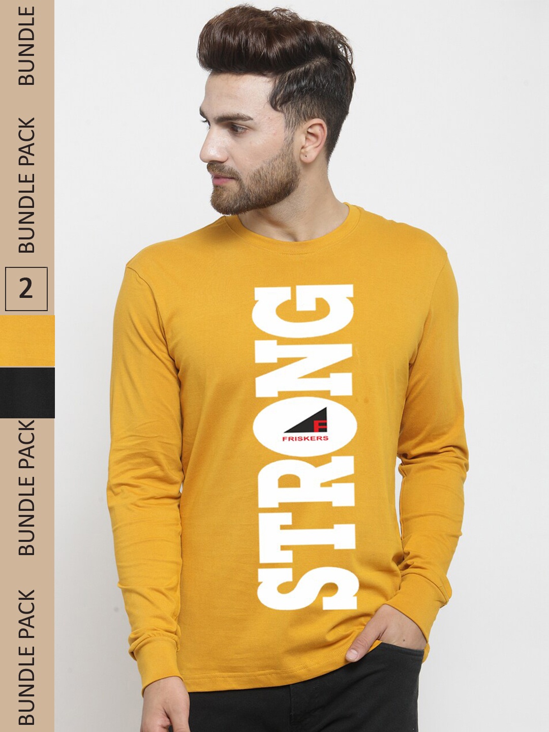 

Friskers Pack Of 2 Printed Slim Fit Cotton T-shirt, Mustard