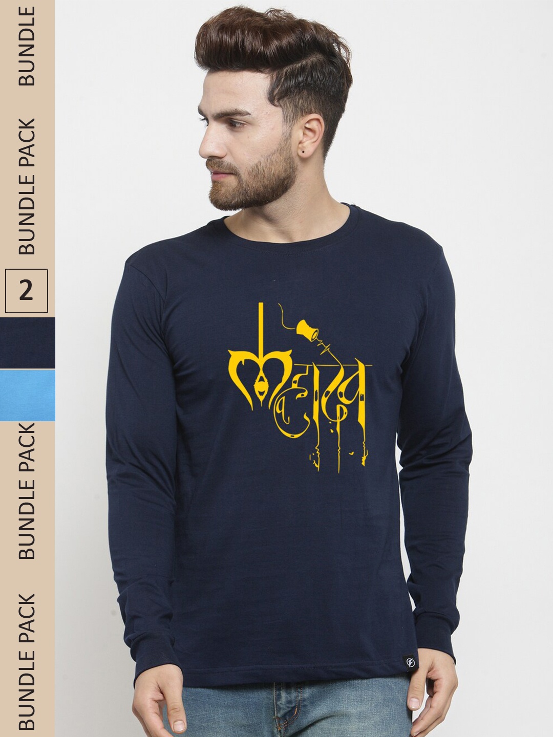 

Friskers Pack Of 2 Printed Pure Cotton Slim Fit T-shirt, Navy blue