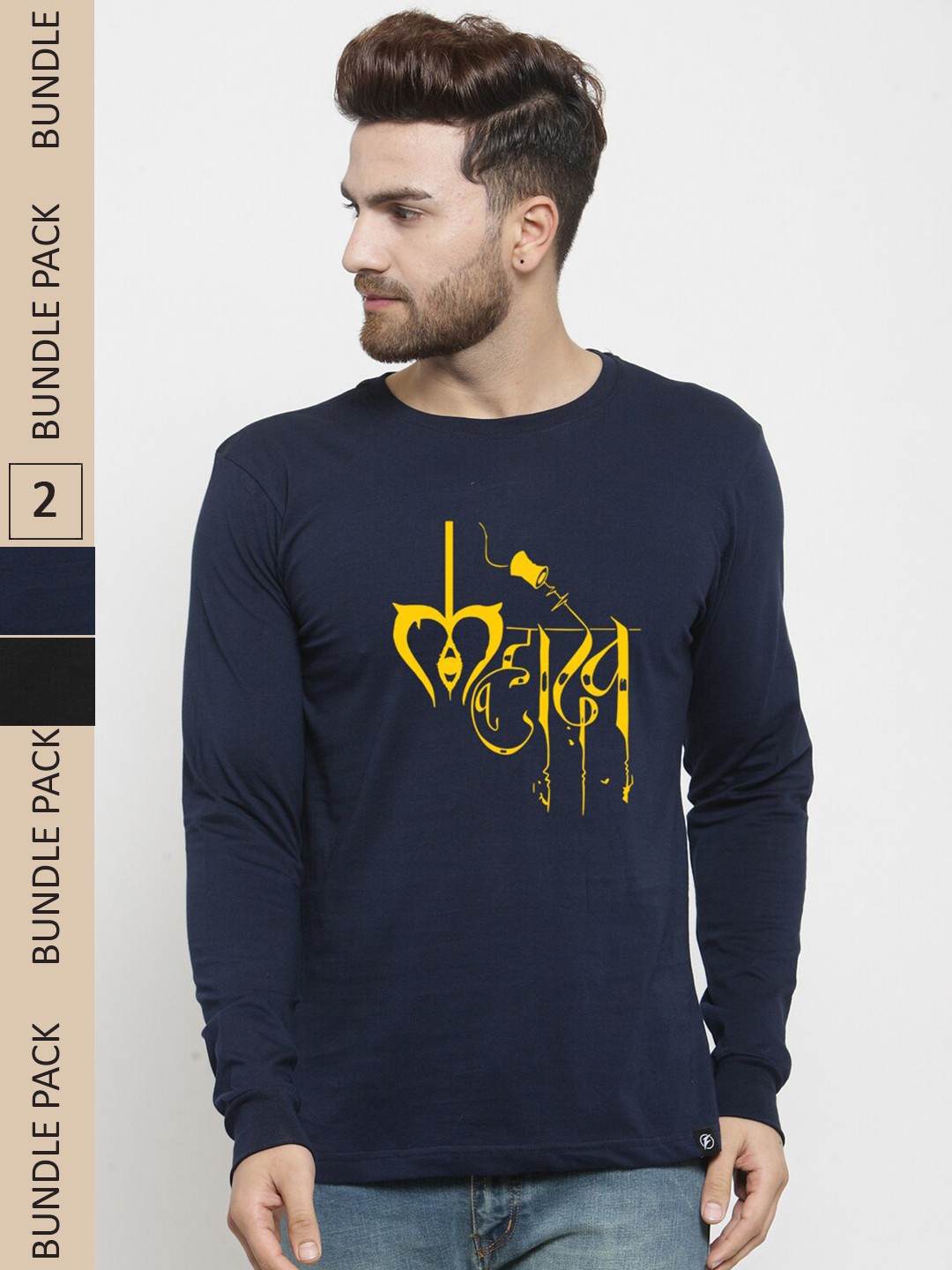 

Friskers Pack Of 2 Printed Pure Cotton Slim Fit T-shirt, Navy blue