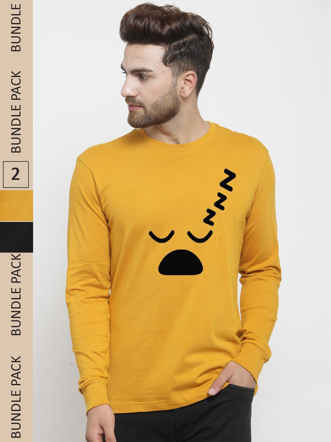 

Friskers Pack Of 2 Printed Long Sleeves Pure Cotton Slim Fit T-Shirt, Mustard