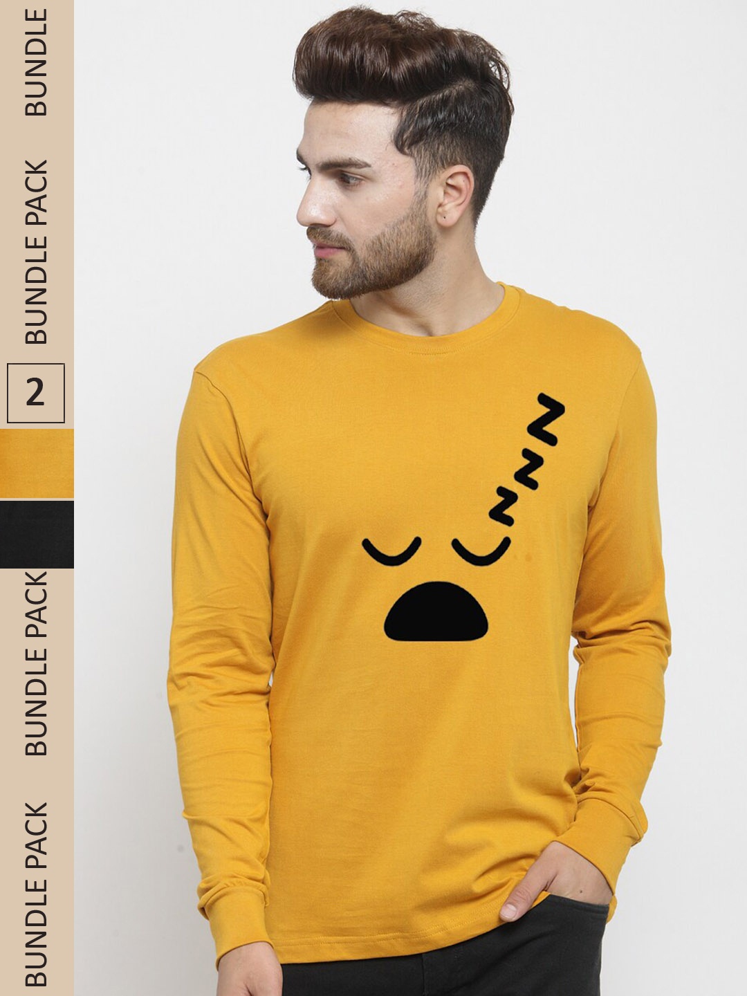 

Friskers Pack Of 2 Printed Long Sleeves Pure Cotton Slim Fit T-Shirt, Mustard