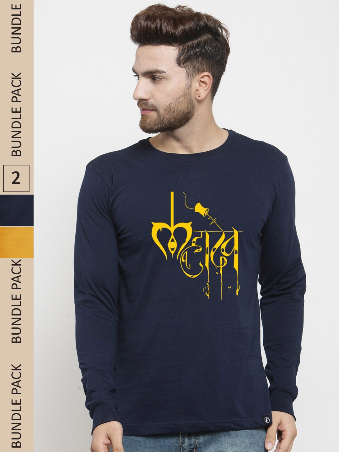 

Friskers Pack Of 2 Printed Long Sleeves Pure Cotton Slim Fit T-Shirt, Navy blue