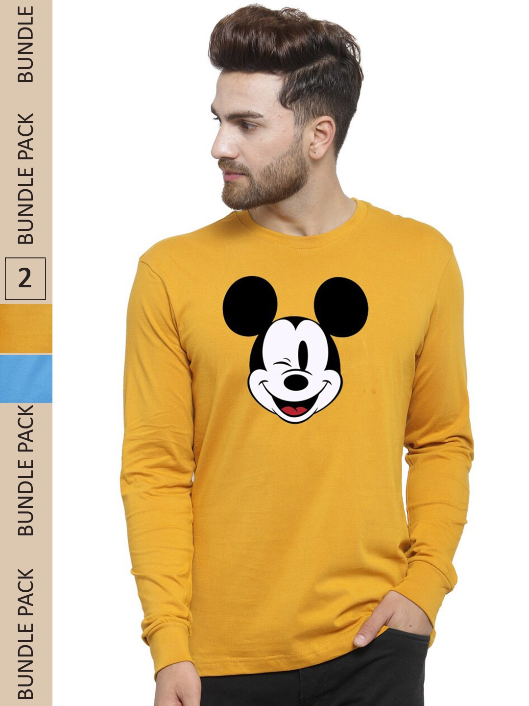 Friskers Pack Of 2 Printed Long Sleeves Pure Cotton Slim Fit T-Shirt, Mustard