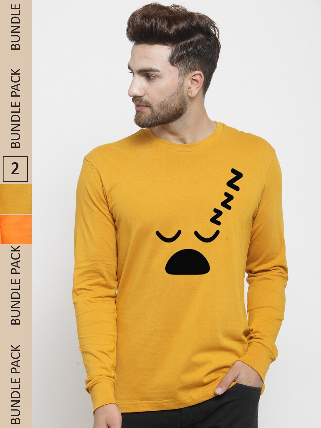 

Friskers Pack Of 2 Printed Long Sleeves Pure Cotton Slim Fit T-Shirt, Mustard
