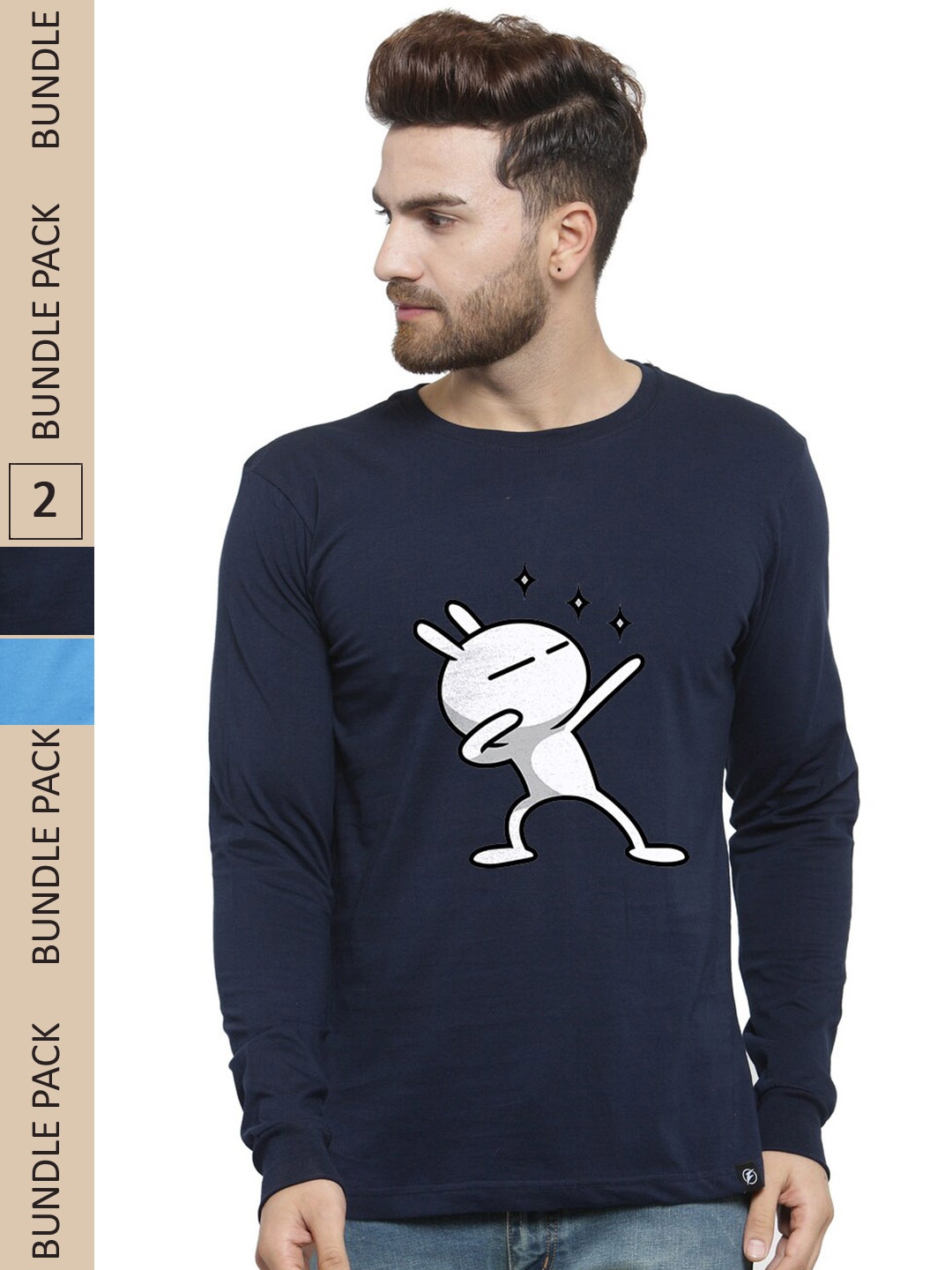 Friskers Pack Of 2 Printed Long Sleeves Pure Cotton Slim Fit T-Shirt, Navy blue
