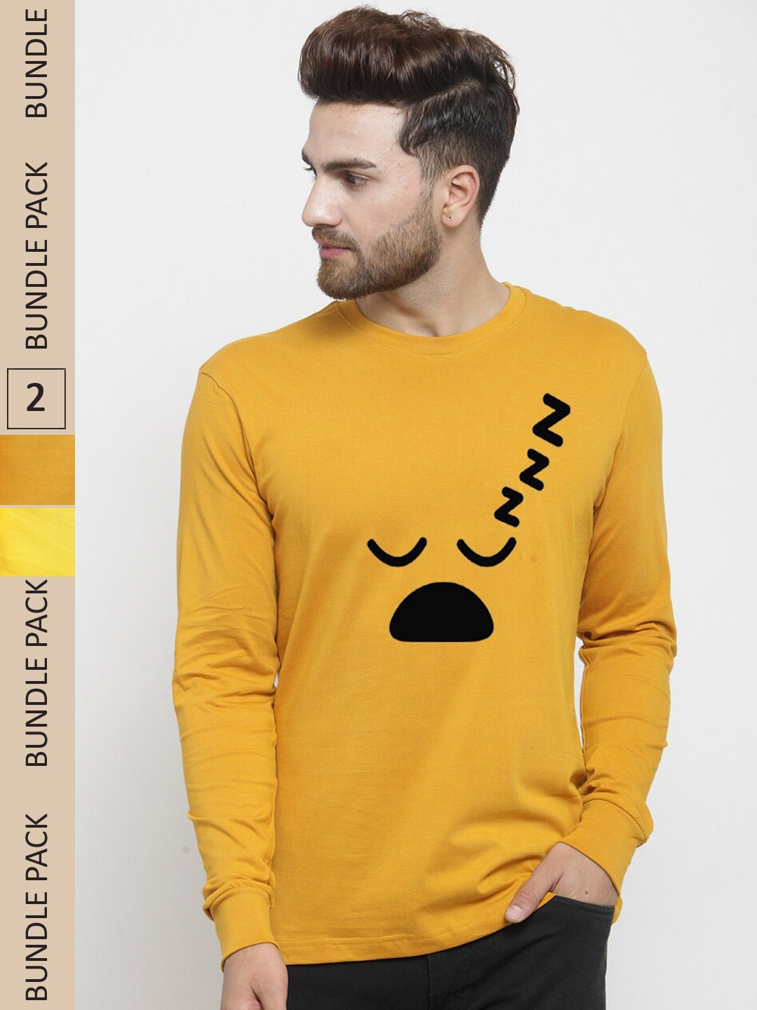 

Friskers Pack Of 2 Printed Long Sleeves Pure Cotton Slim Fit T-Shirt, Mustard