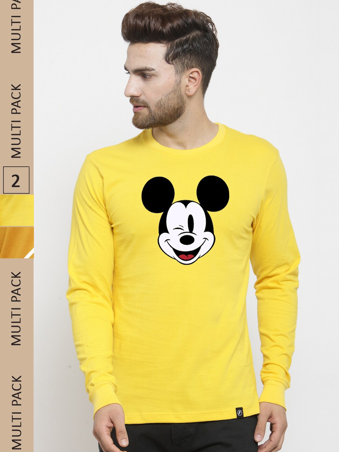 Friskers Pack Of 2 Printed Long Sleeves Pure Cotton Slim Fit T-Shirt, Yellow