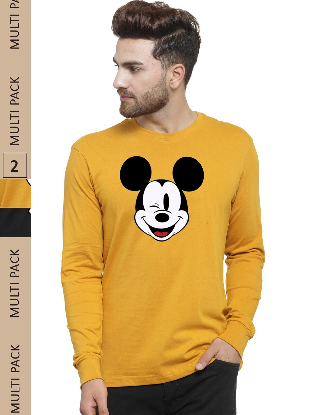 

Friskers Pack of 2 Graphic Mickey Mouse Printed Slim Fit Pure Cotton T-Shirt, Yellow