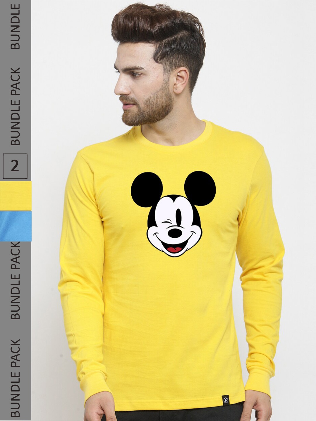 Friskers Pack Of 2 Micky Mouse Printed Slim Fit Cotton T-shirt, Yellow