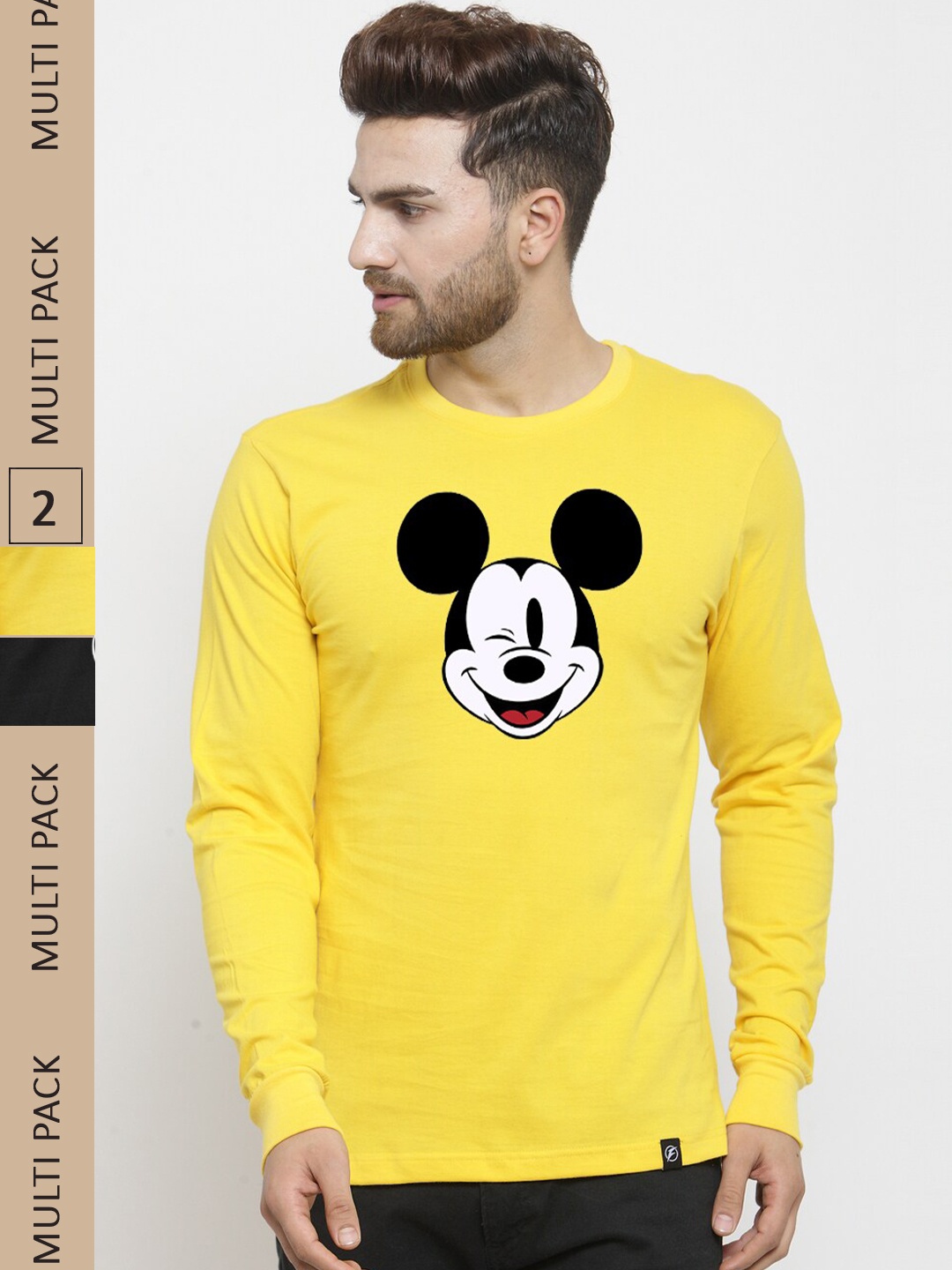 

Friskers Pack Of 2 Graphic Mickey Mouse Printed Slim Fit Pure Cotton T-Shirt, Yellow