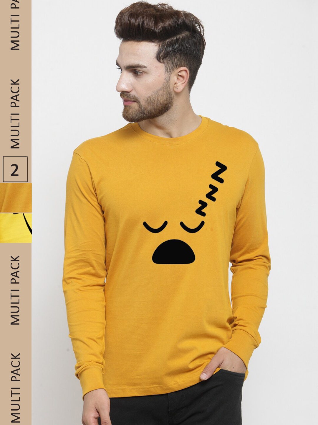 Friskers Pack of 2 Graphic Printed Slim Fit Pure Cotton T-shirts, Mustard