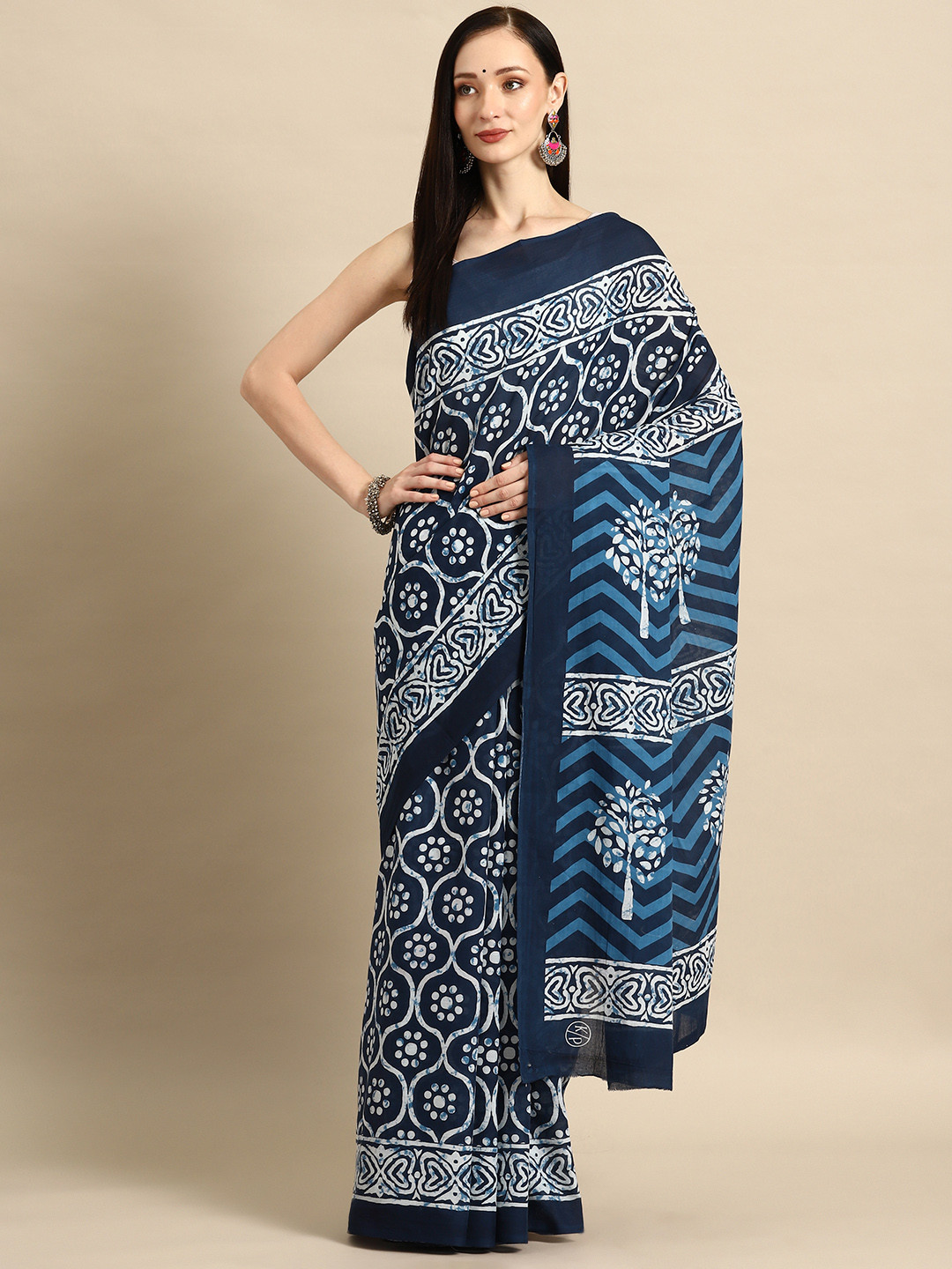 

BUTA BUTI Ethnic Motifs Pure Cotton Saree, Navy blue