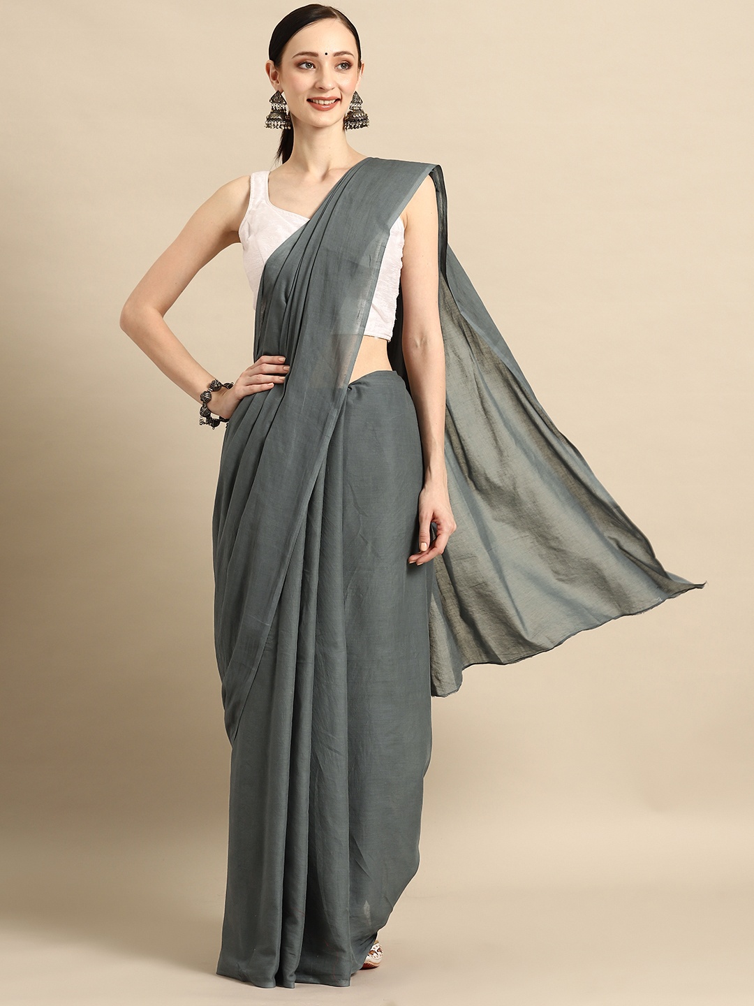 

BUTA BUTI Solid Pure Cotton Saree, Grey