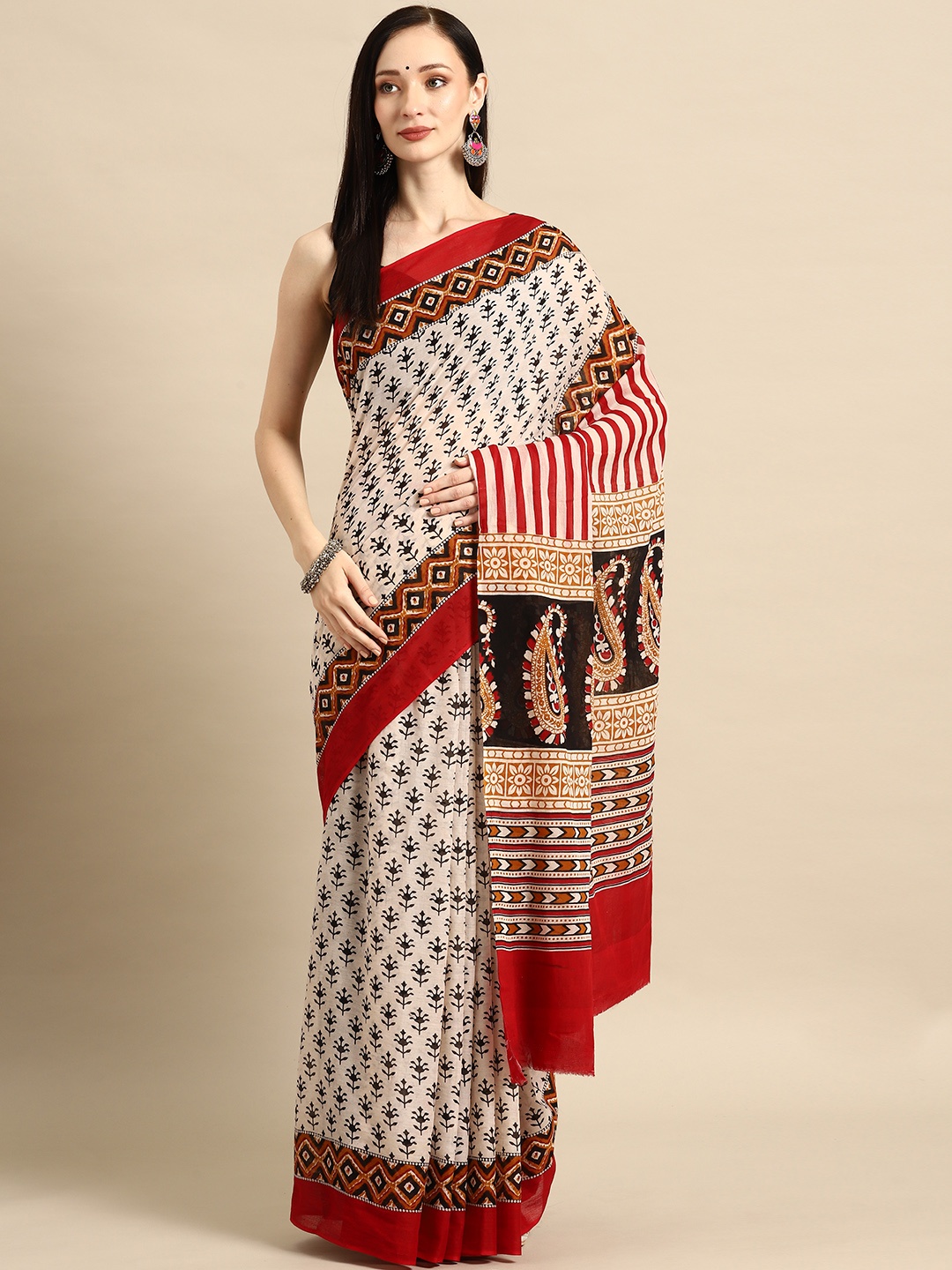 

BUTA BUTI Ethnic Motifs Pure Cotton Saree, Beige