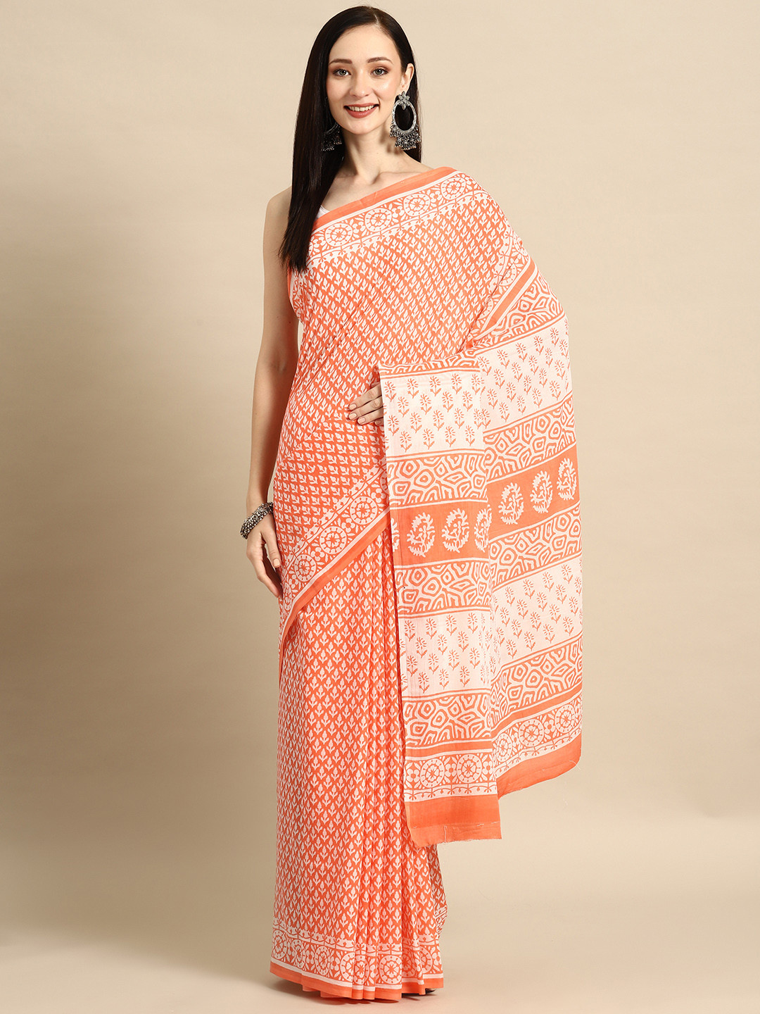 

BUTA BUTI Ethnic Motifs Pure Cotton Saree, Orange