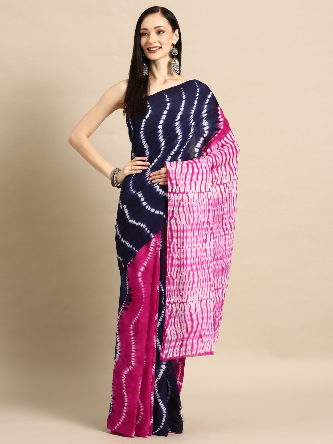 

BUTA BUTI Tie and Dye Pure Cotton Half and Half Saree, Navy blue