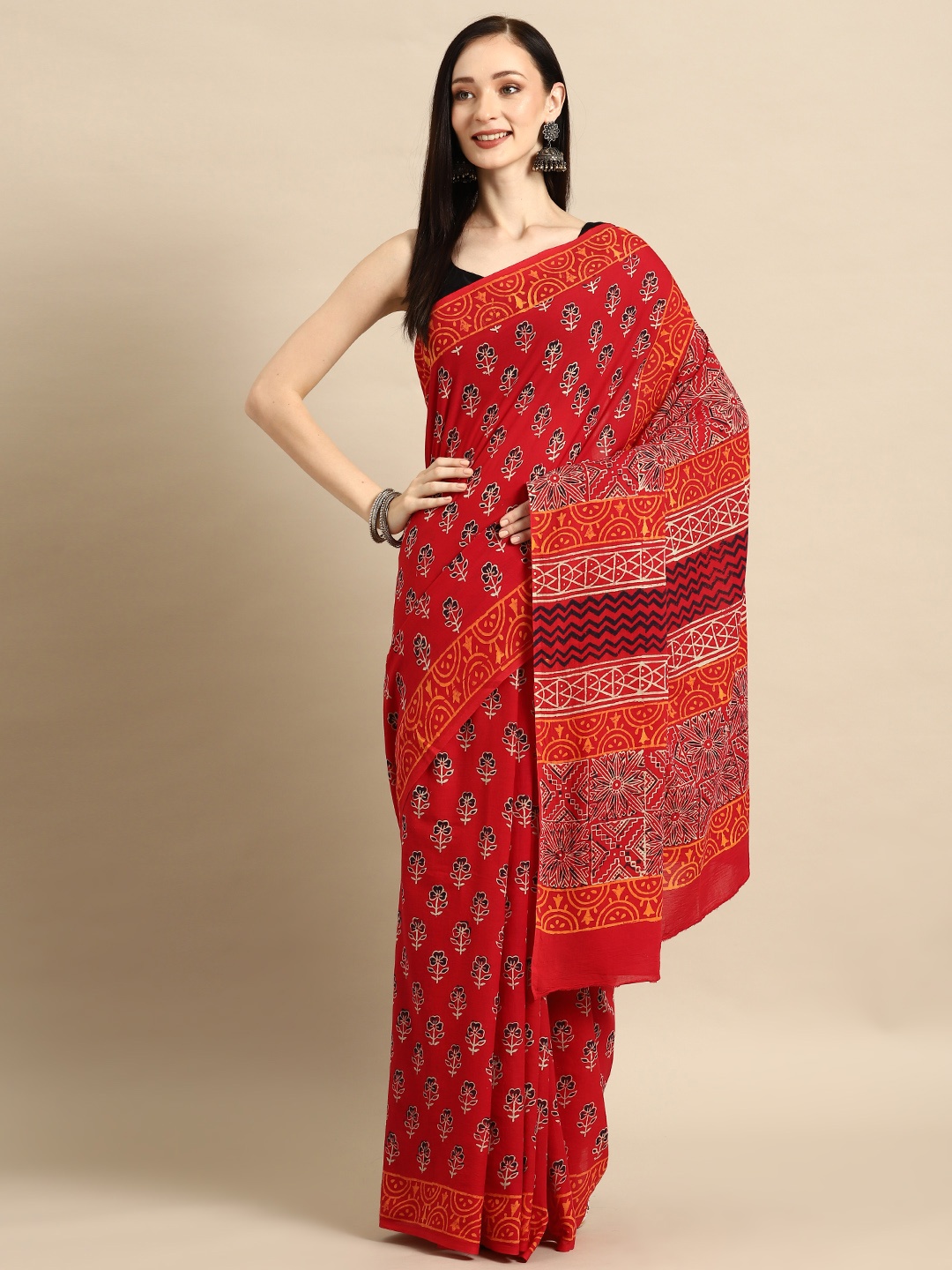 

BUTA BUTI Floral Pure Cotton Saree, Red