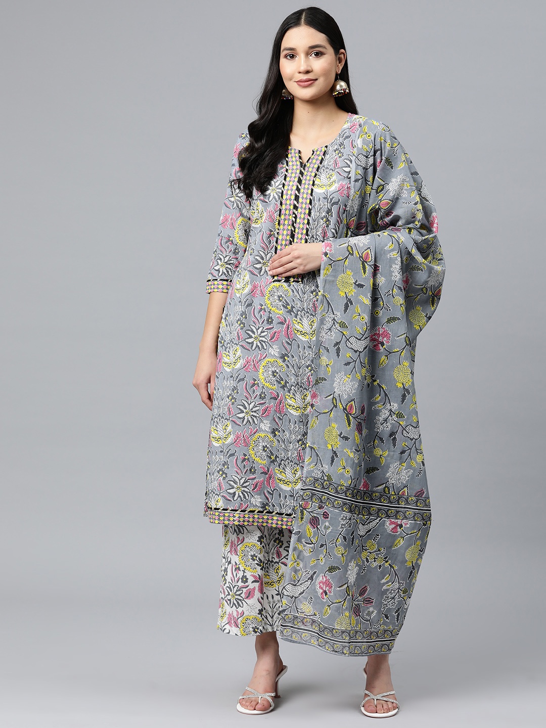 

BUTA BUTI Printed Pure Cotton Unstitched Dress Material, Grey