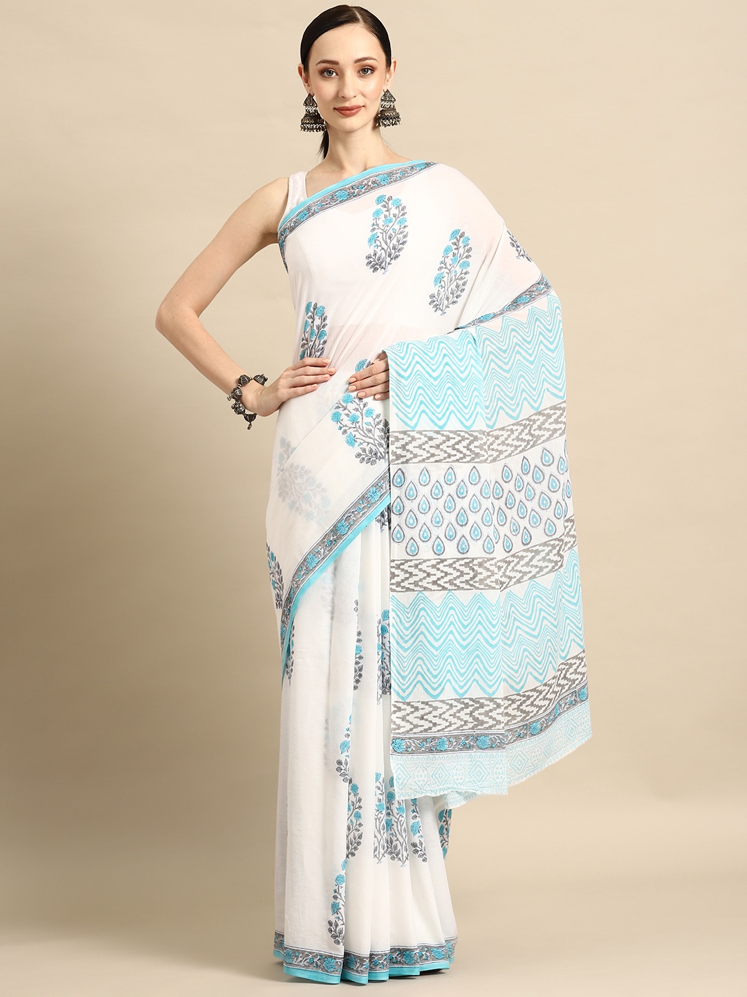 

BUTA BUTI Floral Pure Cotton Saree, White