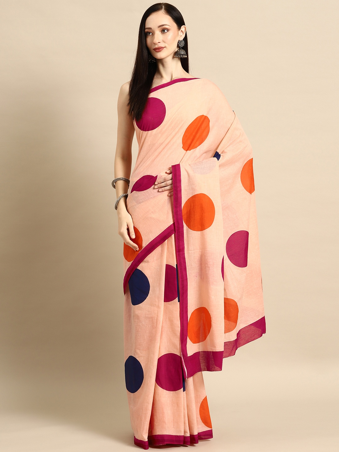 

BUTA BUTI Polka Dot Pure Cotton Saree, Peach