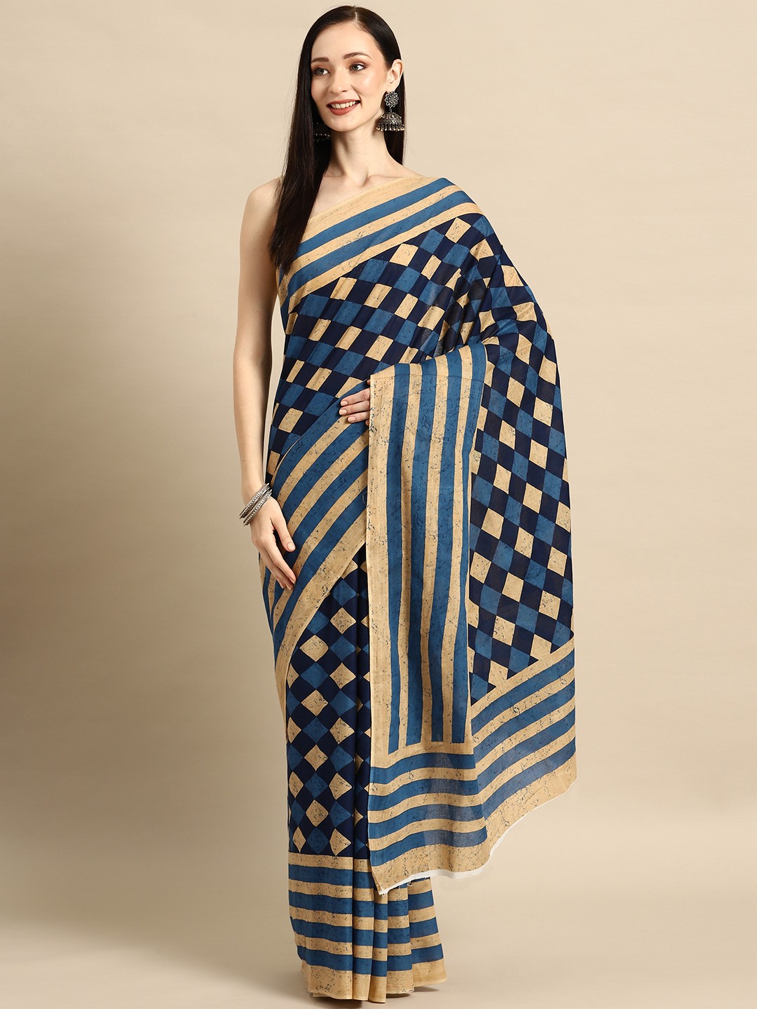 

BUTA BUTI Printed Pure Cotton Saree, Navy blue
