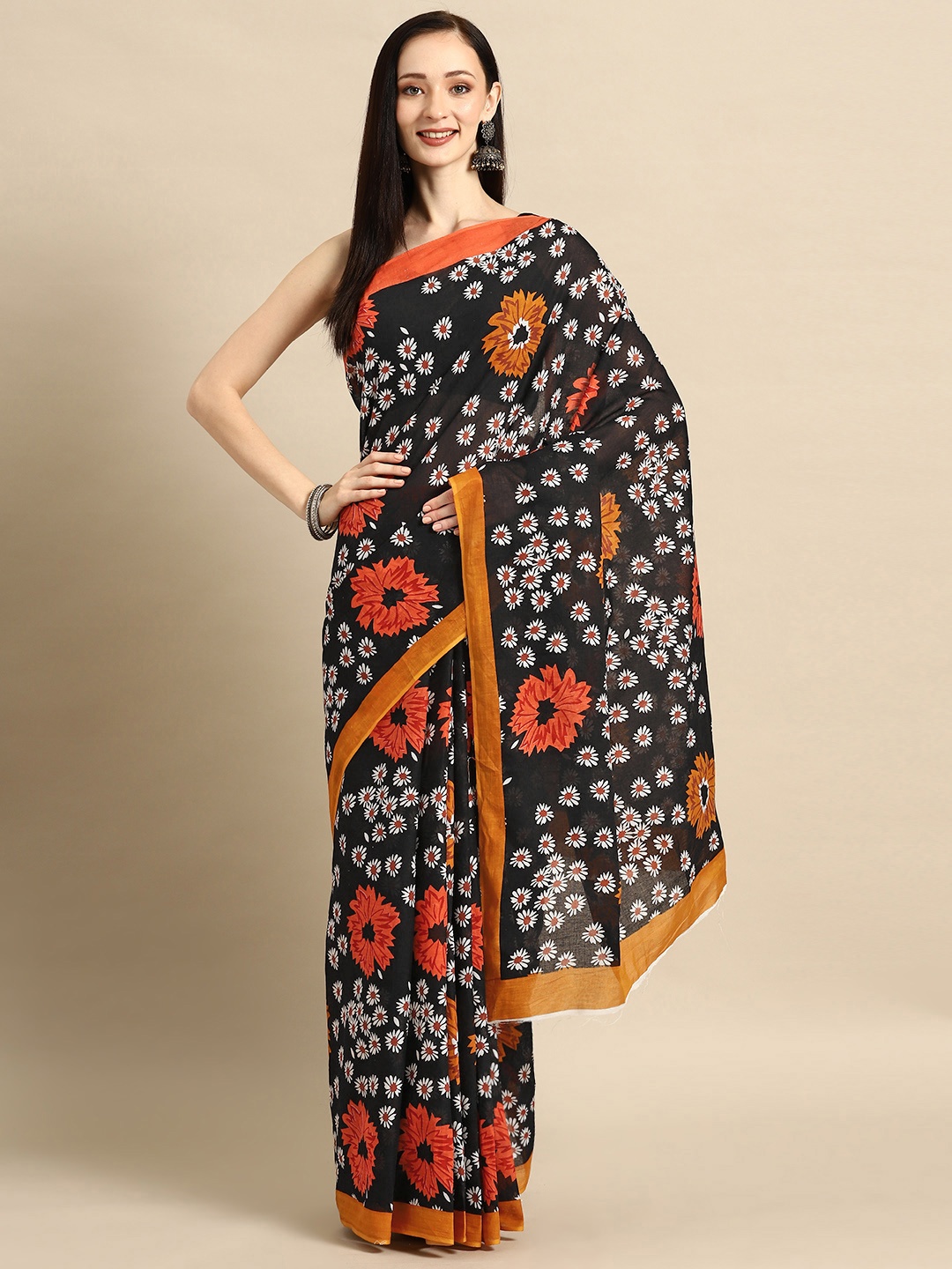 

BUTA BUTI Floral Pure Cotton Saree, Black