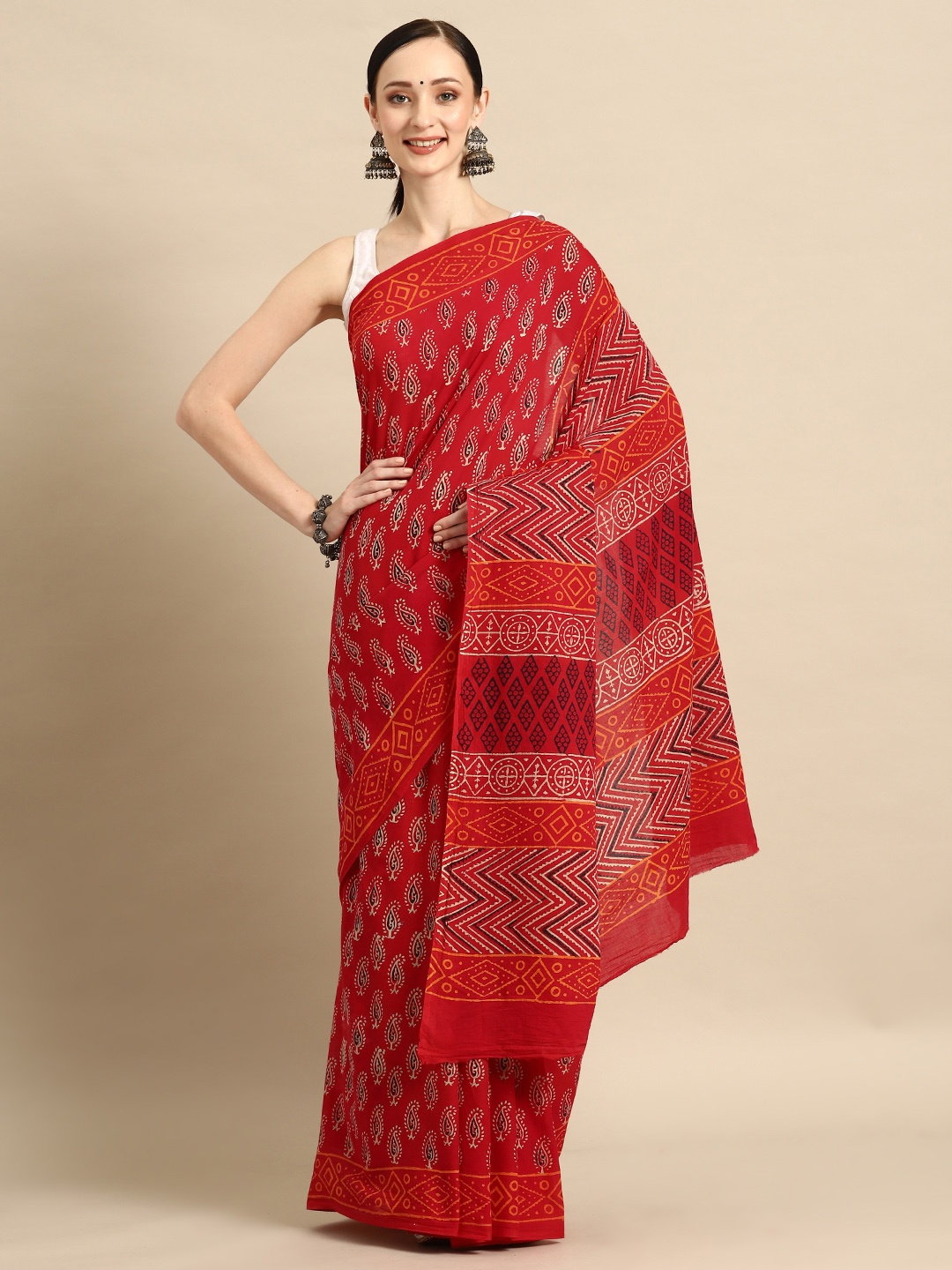 

BUTA BUTI Ethnic Motifs Pure Cotton Saree, Red