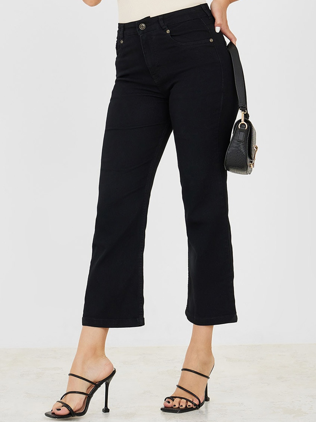 

Styli Women Mid-Rise Straight Fit Crop Denim Jeans, Black