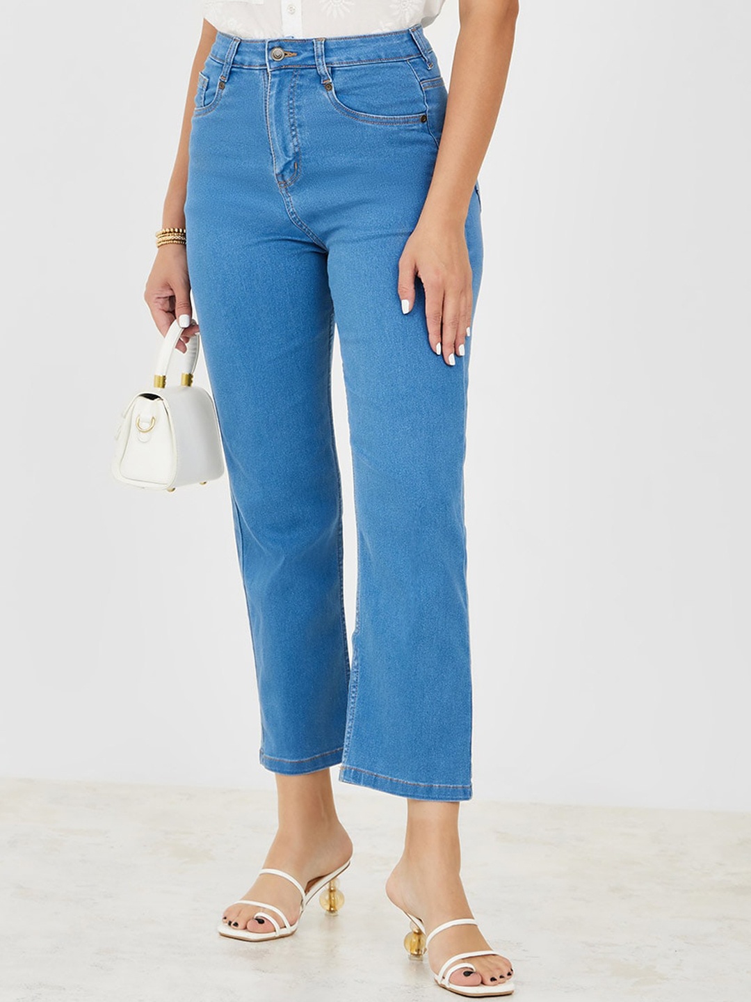 

Styli Women Tapered Fit Mid-Rise Cotton Jeans, Blue