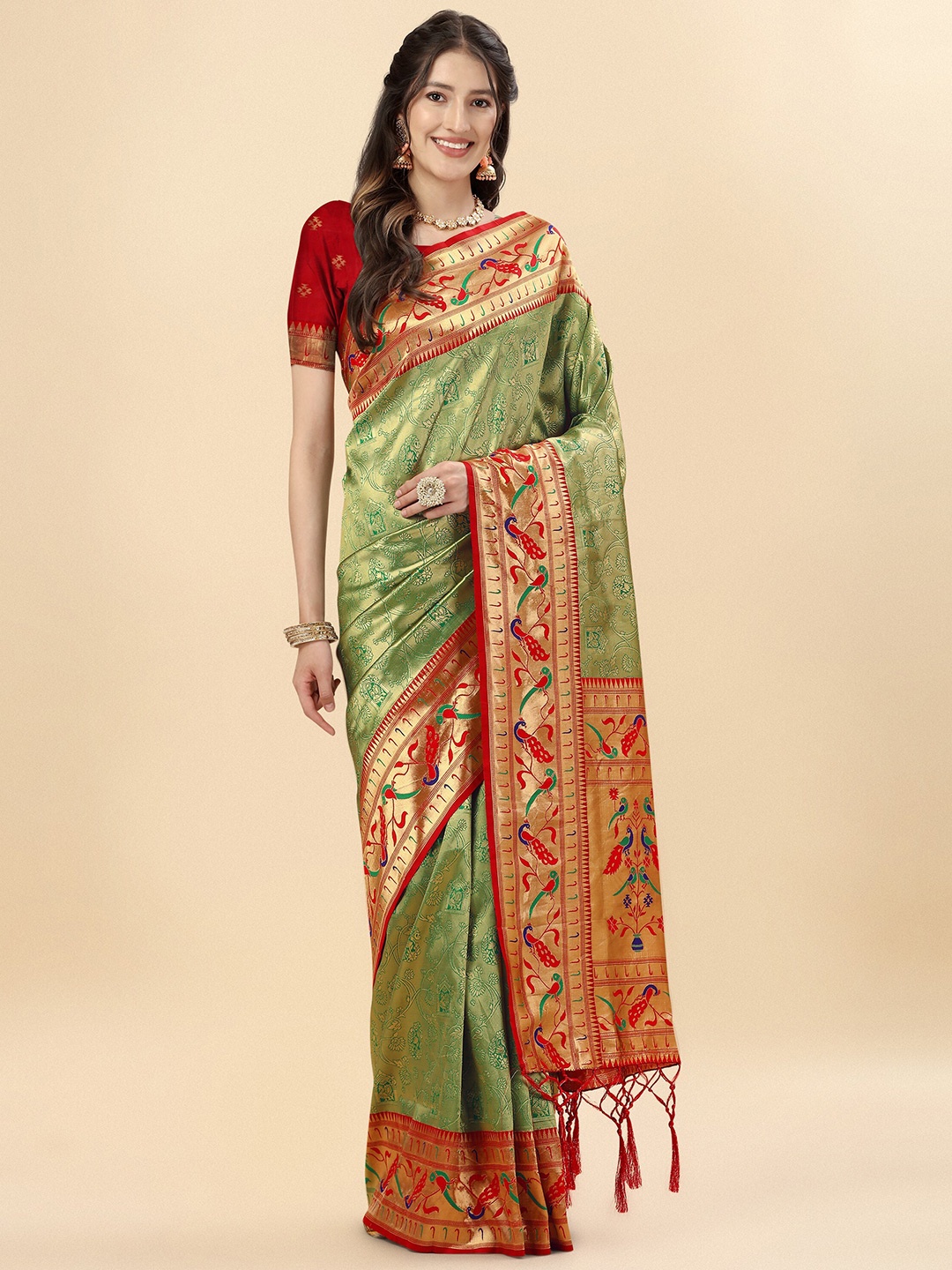 

Mitera Green & Red Floral Woven Design Zari Pure Silk Paithani Saree