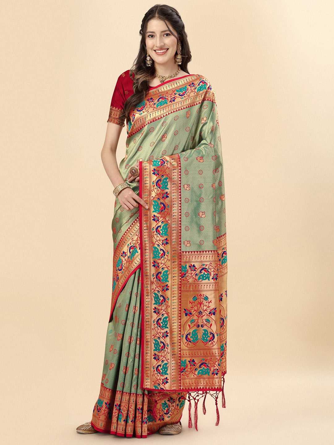 

Mitera Green & Red Ethnic Motifs Woven Design Zari Pure Silk Paithani Saree