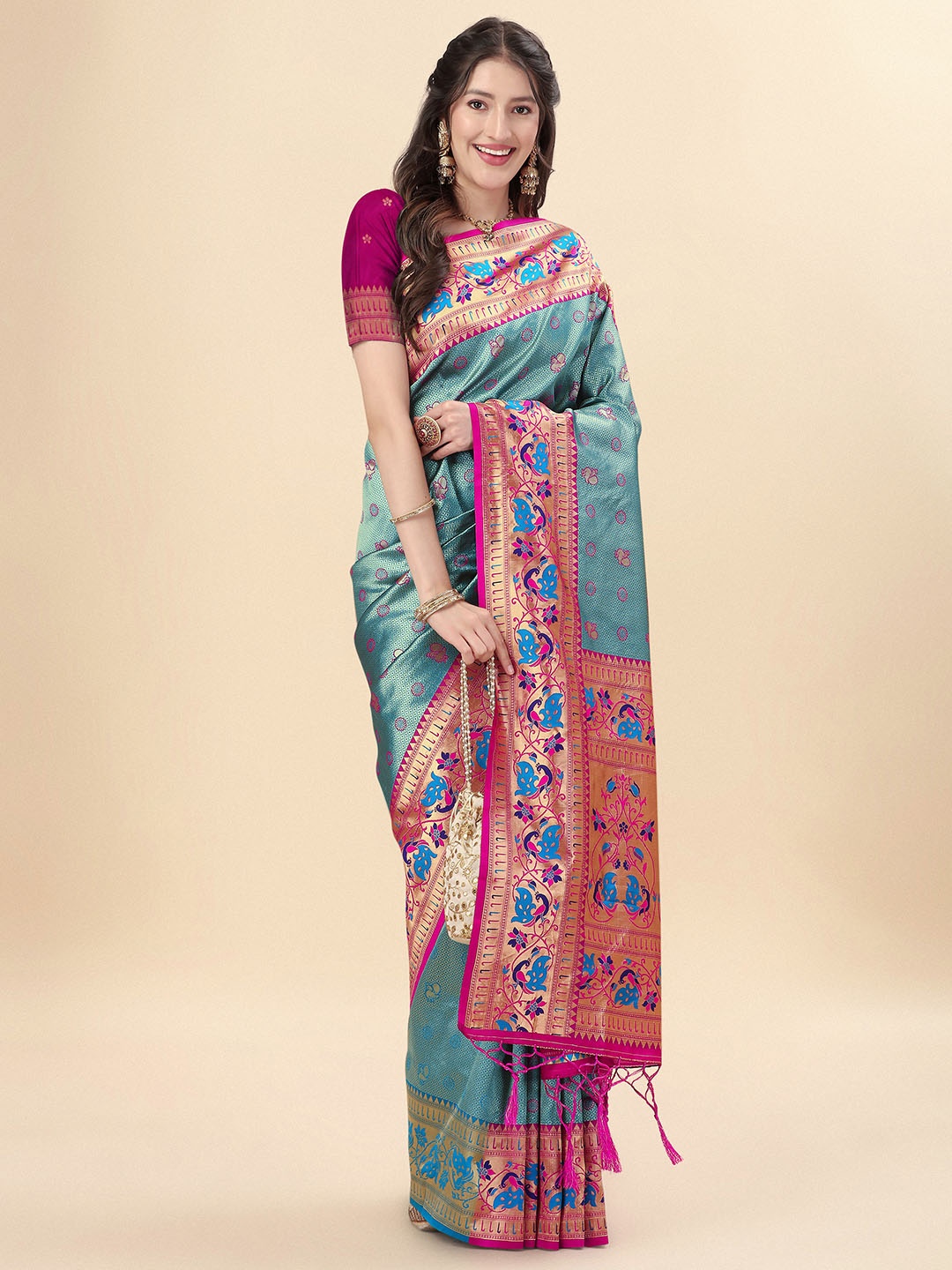 

Mitera Grey & Pink Ethnic Motifs Woven Design Zari Pure Silk Paithani Saree