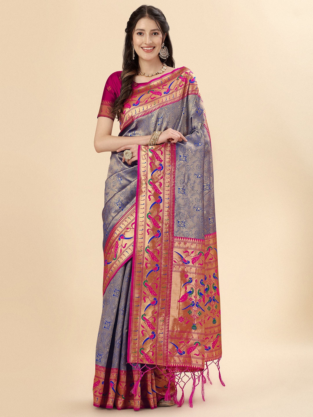 

Mitera Navy Blue & Red Ethnic Motifs Woven Design Zari Pure Silk Paithani Saree