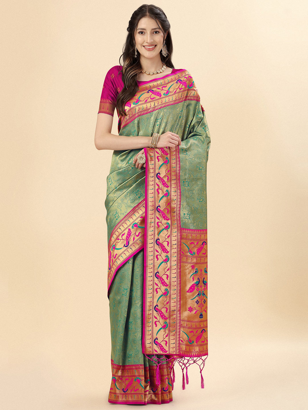 

Mitera Green & Red Woven Design Zari Pure Silk Paithani Saree